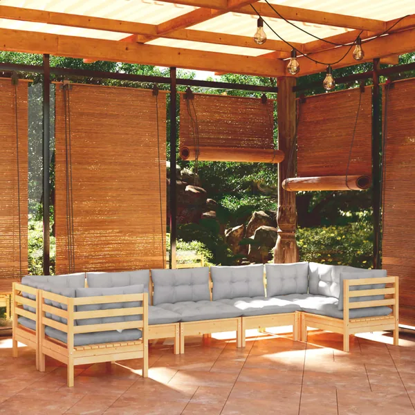 Salon de jardin 7 pcs avec coussins gris bois de pin