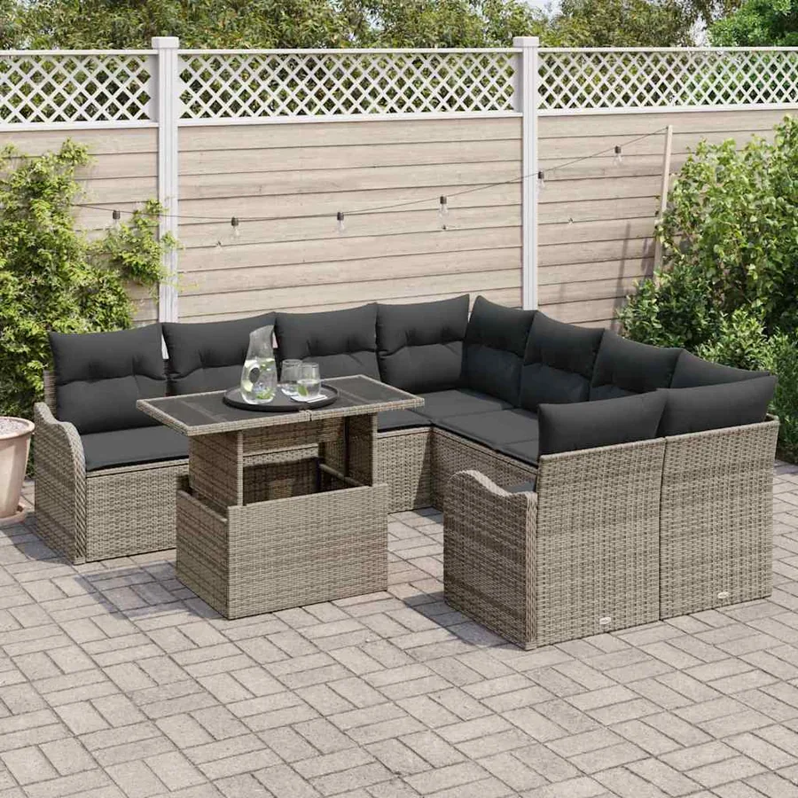 Ensemble de canapé de jardin avec coussin 9 pcs Gris Poly rotin - 3