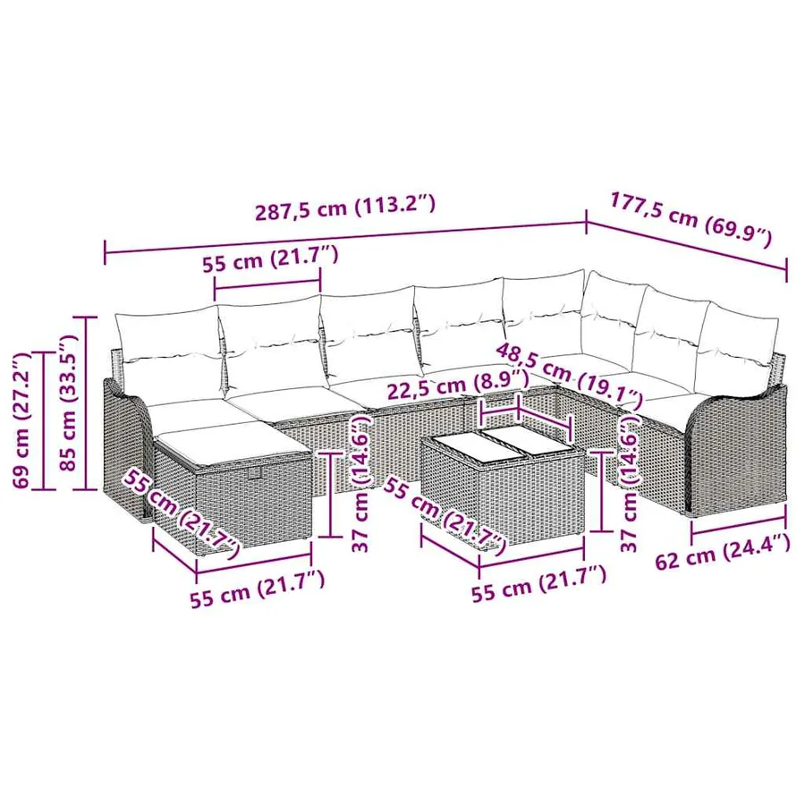 Ensemble de Canapés avec coussin 9 pcs Gris polyrotin - 11