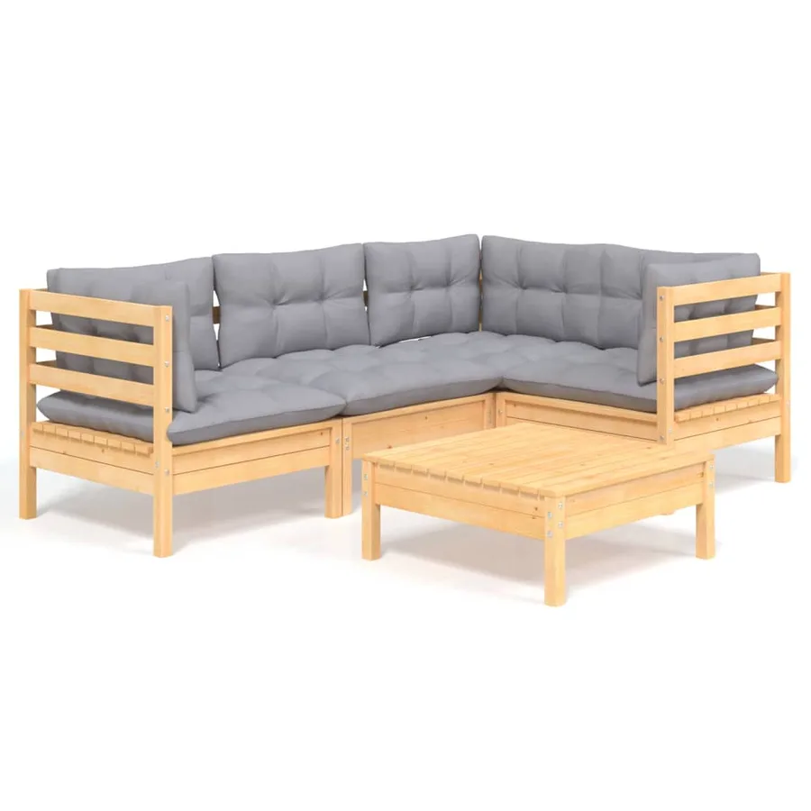 Salon de jardin 5 pcs avec coussins gris bois de pin - 2