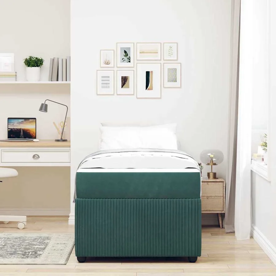 Cadre de lit avec matelas Vert foncé 90 x 190 cm tissu - 3