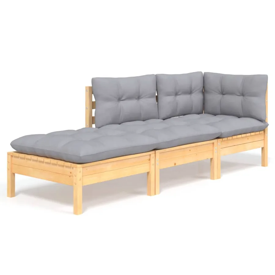 Salon de jardin 3 pcs avec coussins gris Bois de pin massif - 2