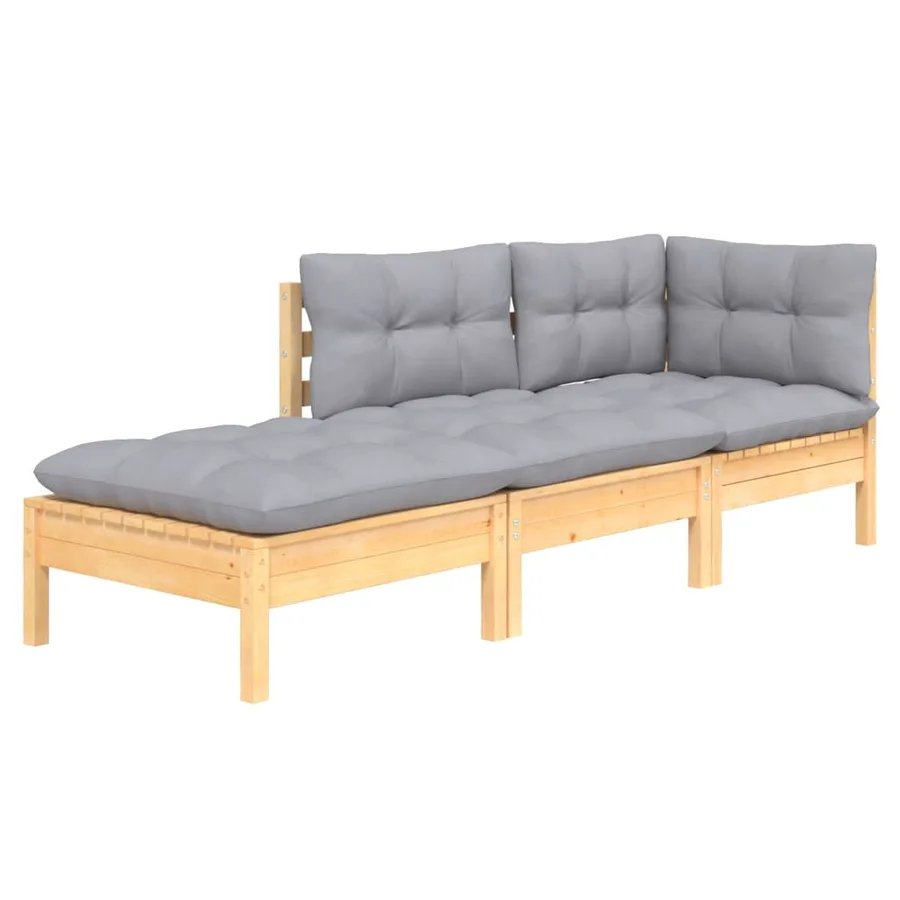 Salon de jardin 3 pcs avec coussins gris Bois de pin massif - 3