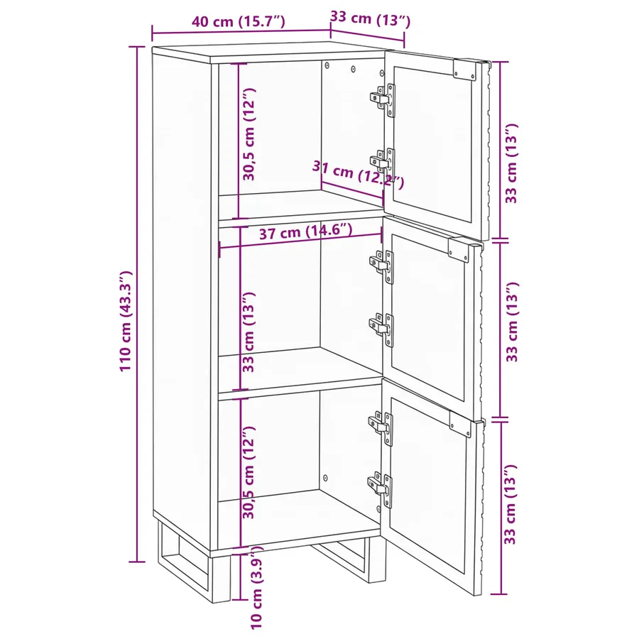 Highboard Marron 40 x 33 x 110 cm bois de manguier massif - 11