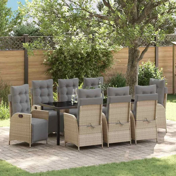 Ensemble de salle à manger pour jardin 9 pcs Beige polyrotin