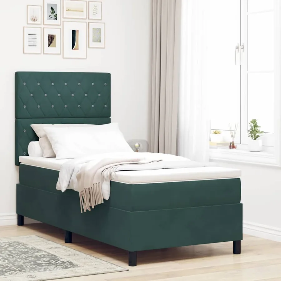 Lit à ressorts avec matelas Vert foncé 100 x 200 cm Velours