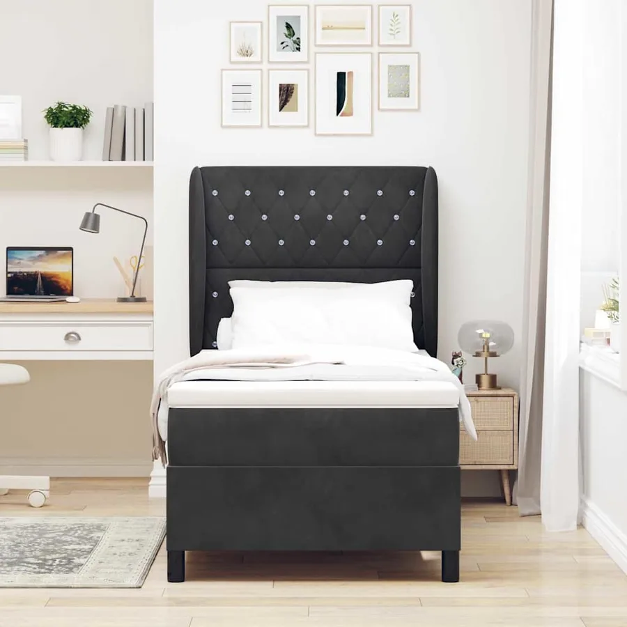 Lit à ressorts avec matelas Noir 200 x 100 cm Velours - 3