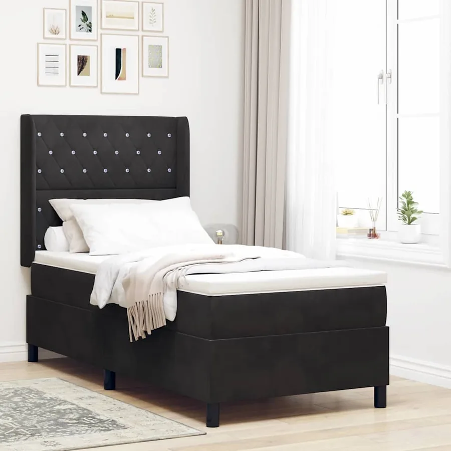 Lit à ressorts avec matelas Noir 100 x 200 cm Velours
