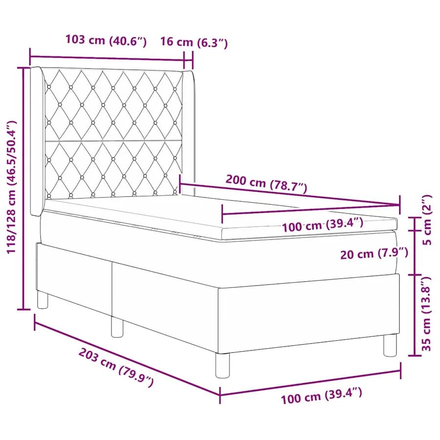 Lit à ressorts avec matelas Noir 100 x 200 cm Velours - 12