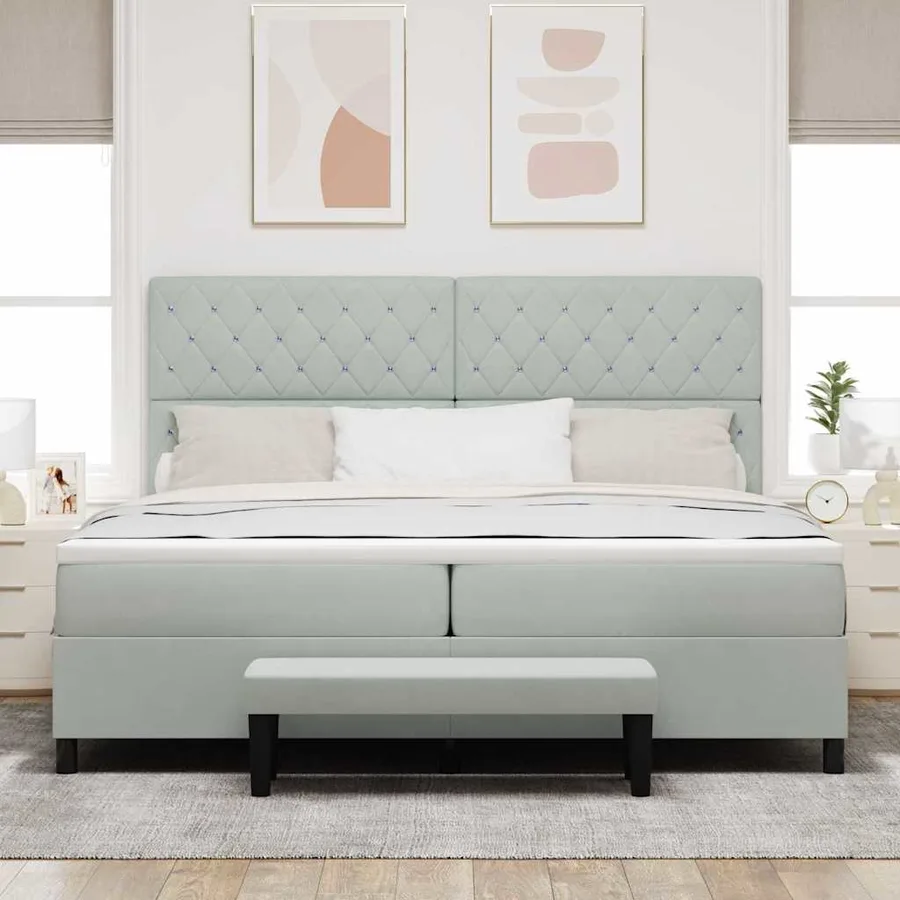 Lit à ressorts avec matelas Gris clair 200 x 200 cm Velours - 3