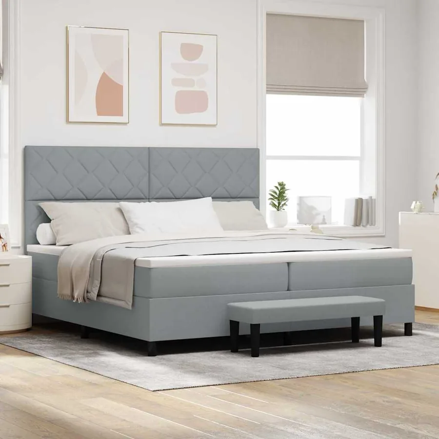 Lit à ressorts avec tête de lit Gris clair 200 x 200 cm tissu