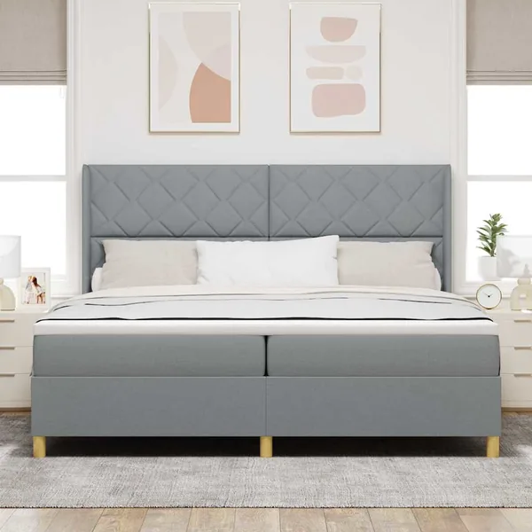 Lit à ressorts avec bandes LED Gris clair 200 x 200 cm tissu