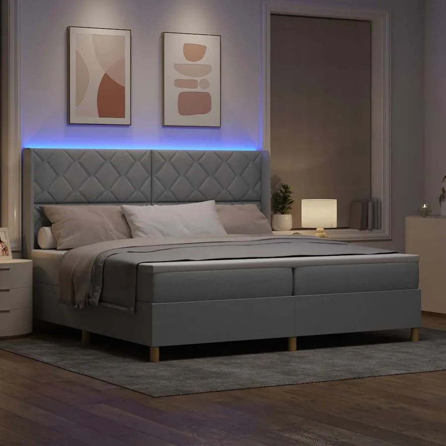 Lit à ressorts avec bandes LED Gris clair 200 x 200 cm tissu - 4