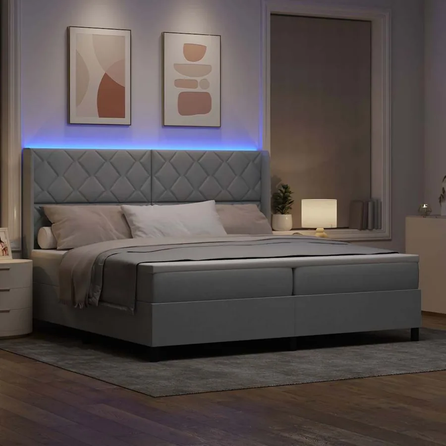 Lit à ressort LED Gris clair 200 x 200 cm tissu - 5