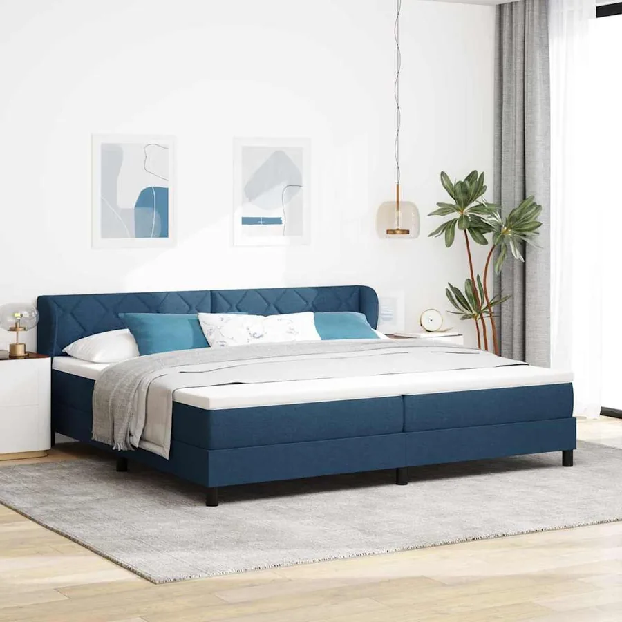 Lit à ressorts avec tête de lit Bleu 200 x 200 cm tissu