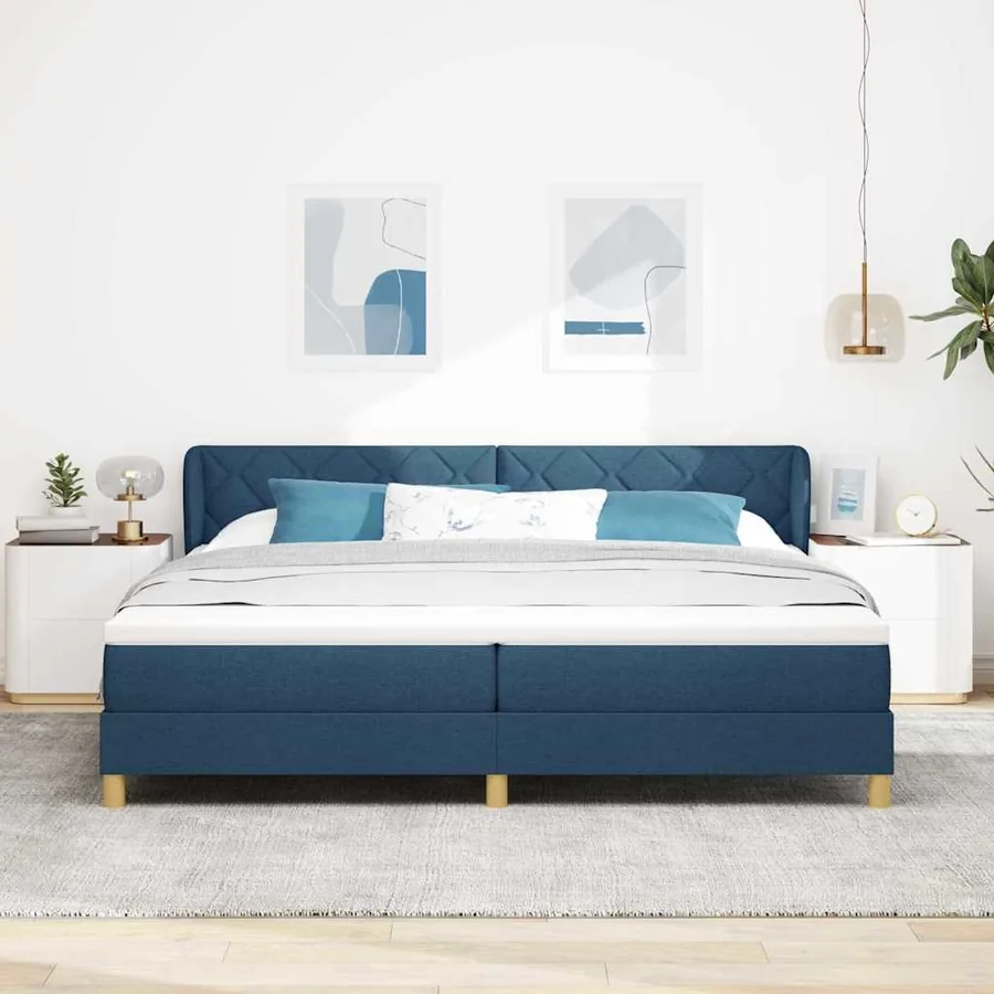 Lit à ressorts avec tête de lit Bleu 200 x 200 cm tissu - 3