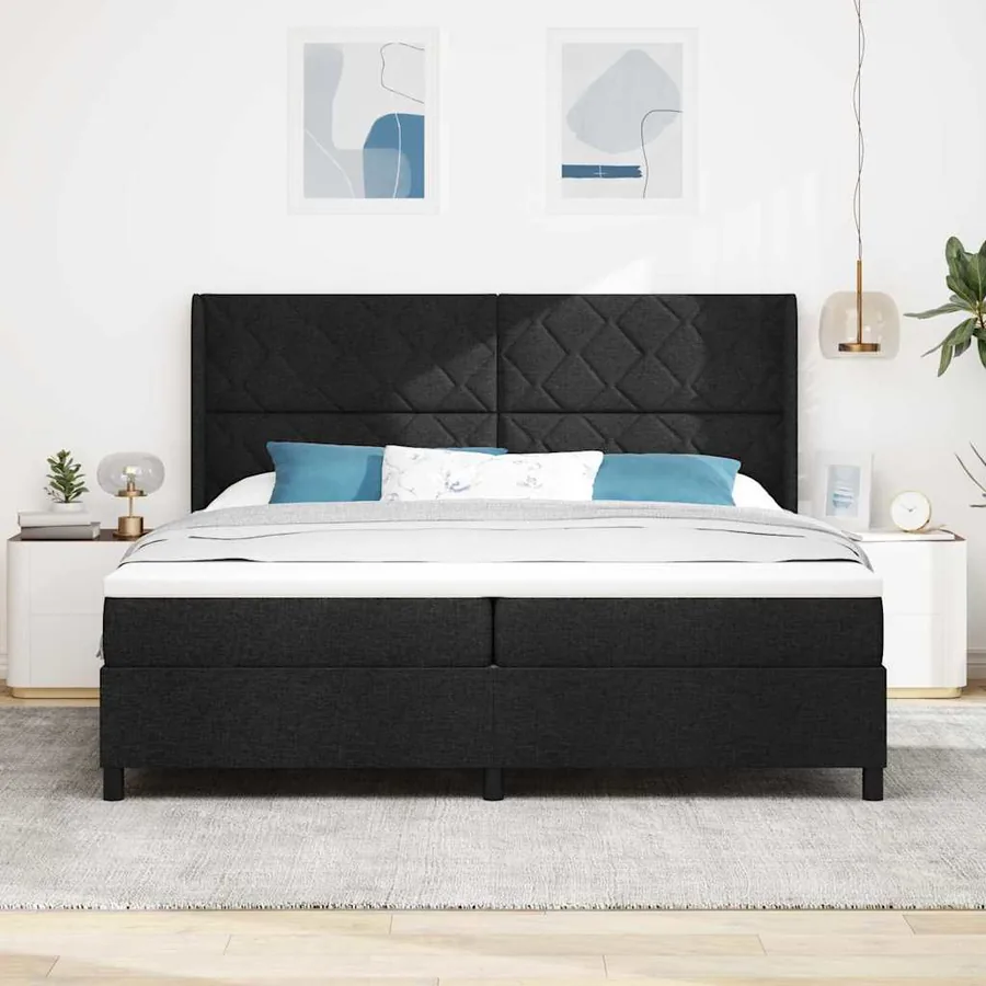Lit à ressorts avec coussin Noir 200 x 200 cm tissu