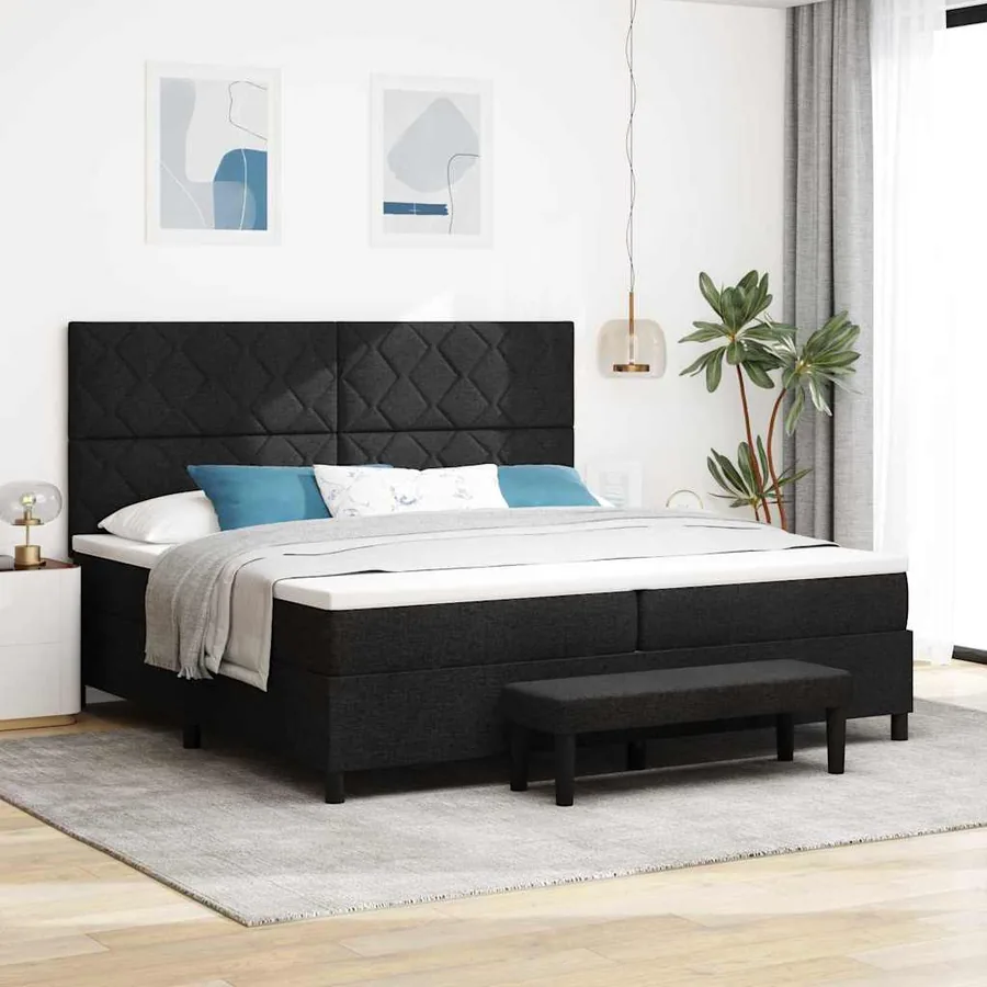 Lit à ressorts avec tête de lit Noir 200 x 200 cm tissu