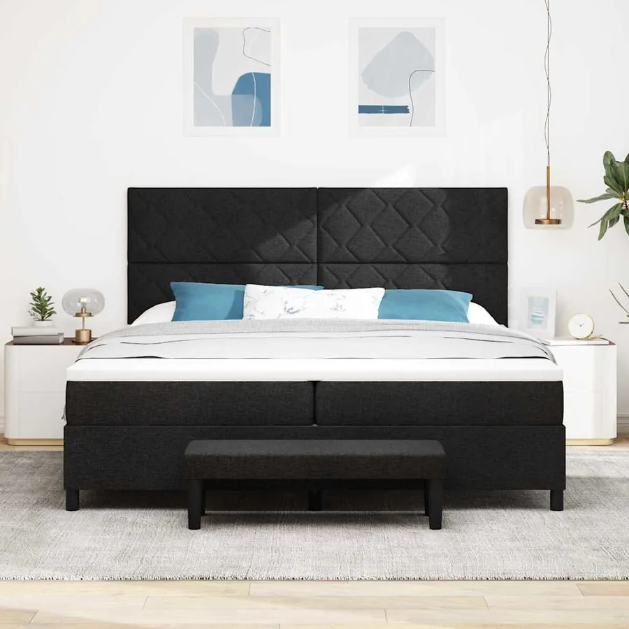 Lit à ressorts avec tête de lit Noir 200 x 200 cm tissu - 3