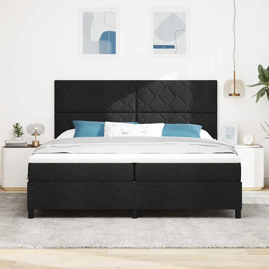 Lit à ressorts avec tête de lit Noir 200 x 200 cm tissu - 3