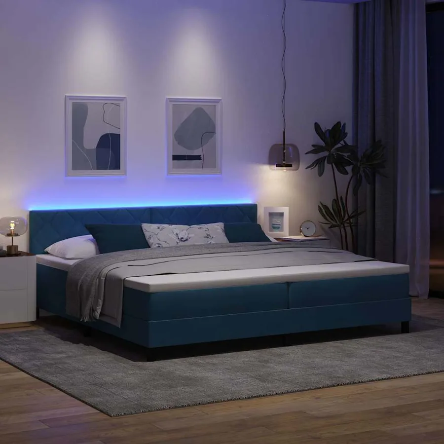 Lit à ressort LED Bleu foncé 200 x 200 cm Velours - 5