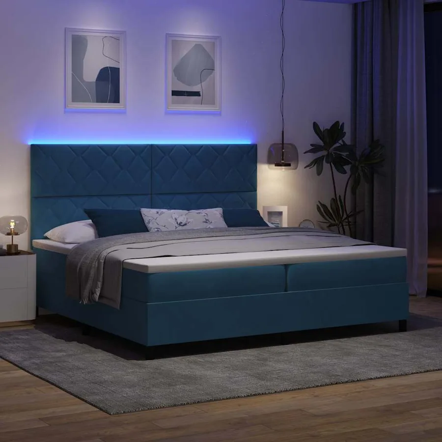 Lit à ressort LED Bleu foncé 200 x 200 cm Velours - 5