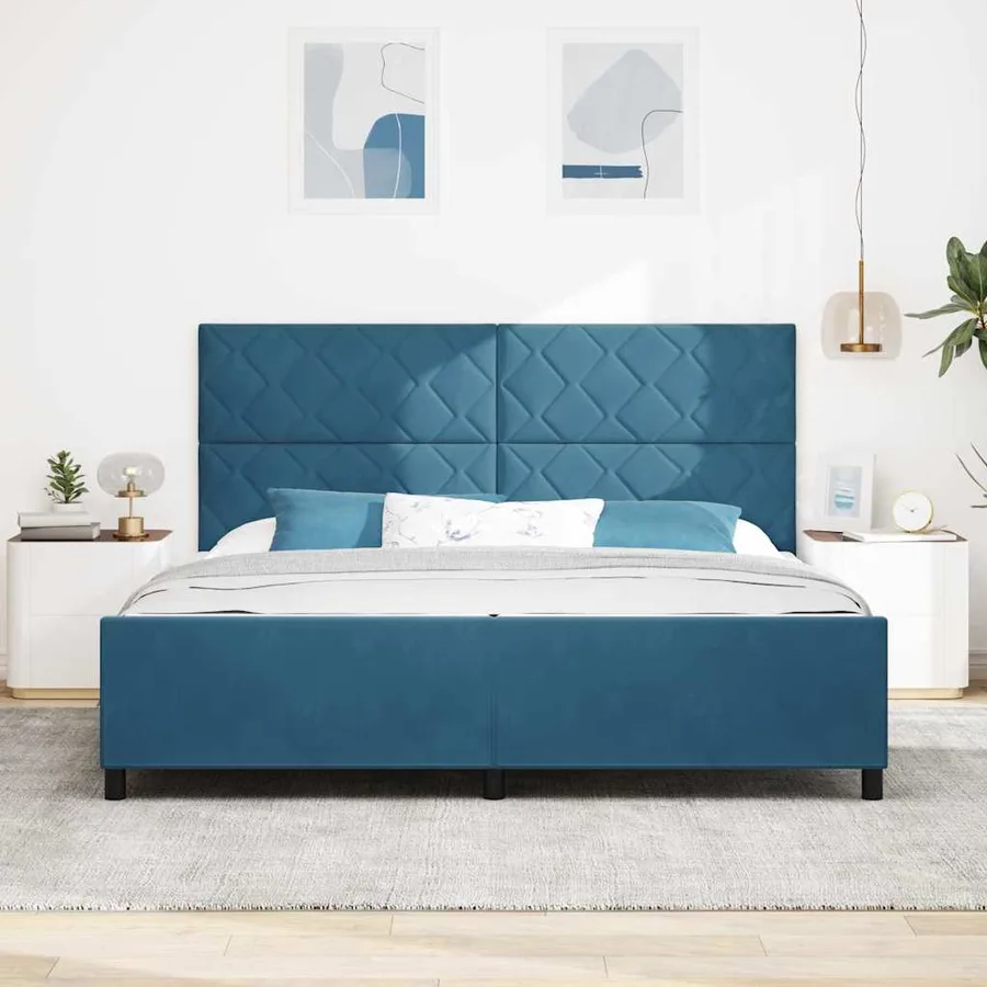 Lit à ressorts avec tête de lit Bleu foncé 200 x 200 cm Velours - 3