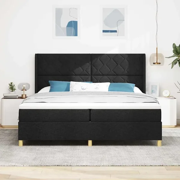 Lit à ressorts avec tête de lit Noir 200 x 200 cm tissu