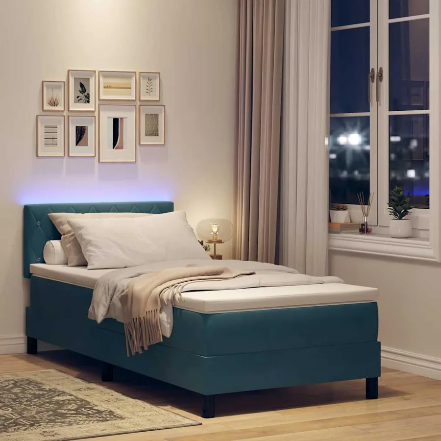 Lit à ressort LED avec matelas Bleu foncé 90 x 190 cm Velours - 5