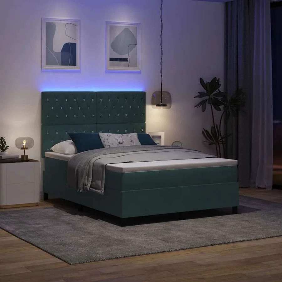 Lit à ressort LED avec matelas Vert foncé 140 x 200 cm Velours - 5