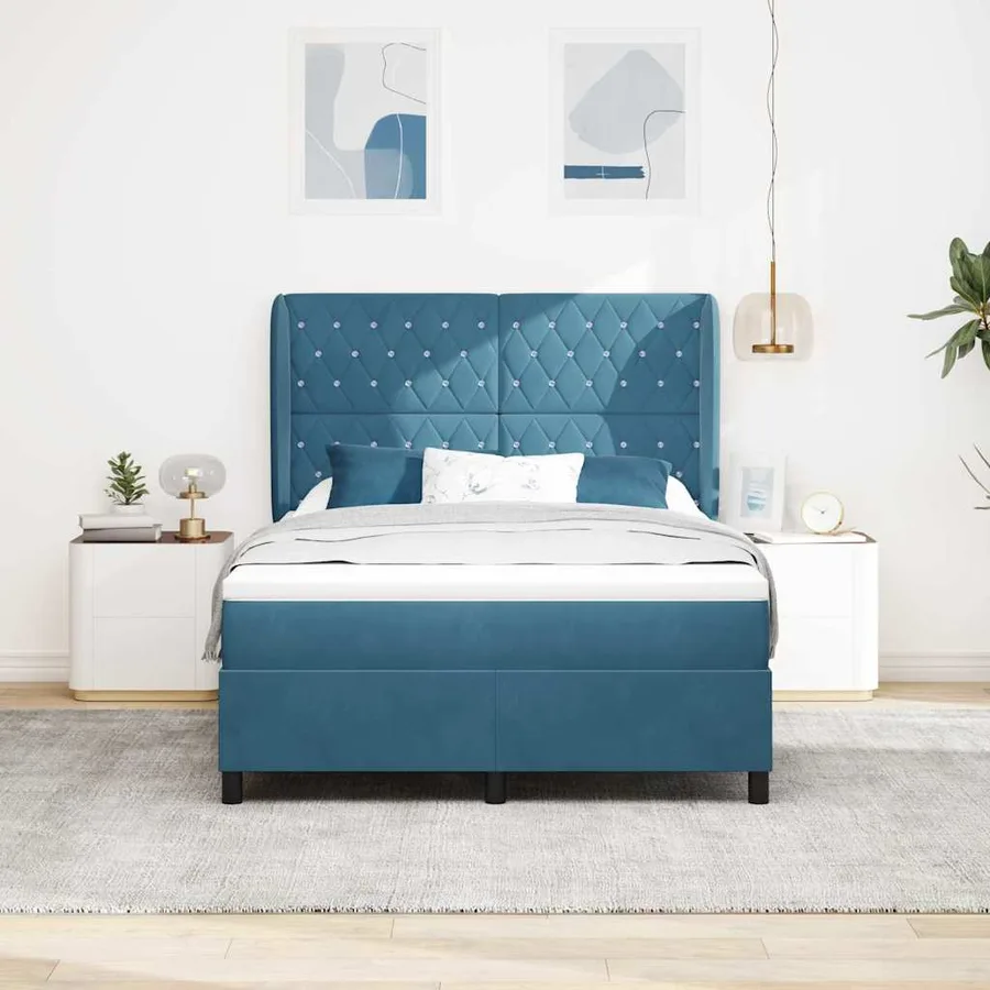 Lit à ressorts avec matelas Bleu foncé 190 x 140 cm Velours - 3