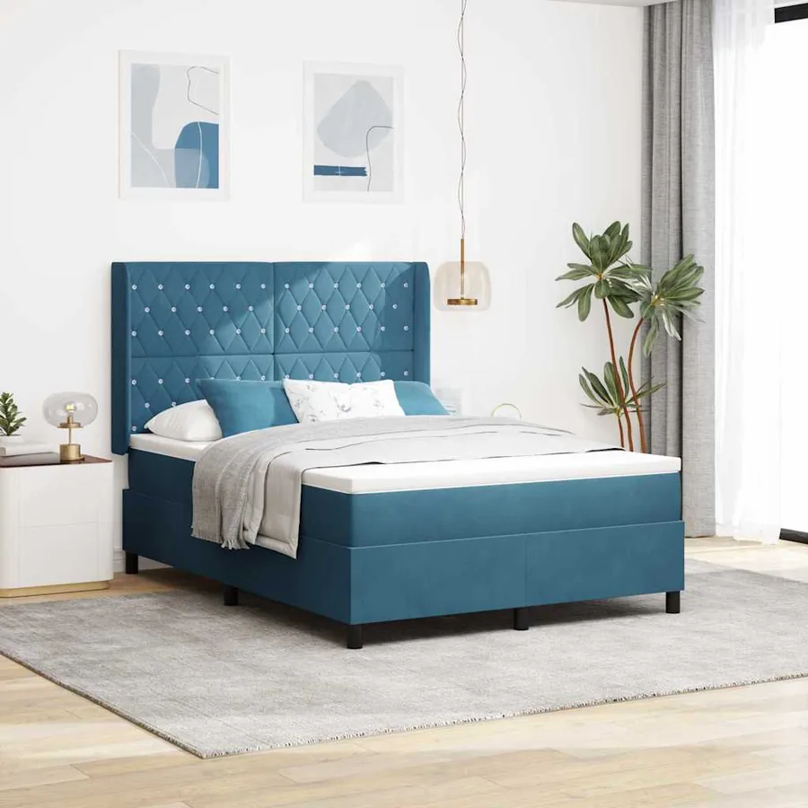 Lit à ressorts avec matelas Bleu 140 x 190 cm Velours