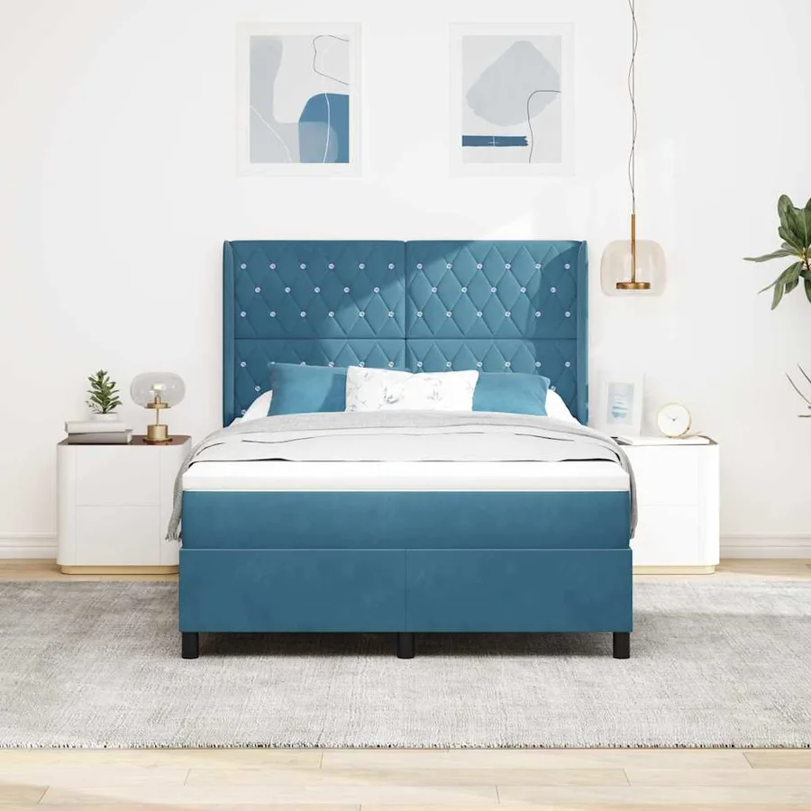 Lit à ressorts avec matelas Bleu 140 x 190 cm Velours - 3