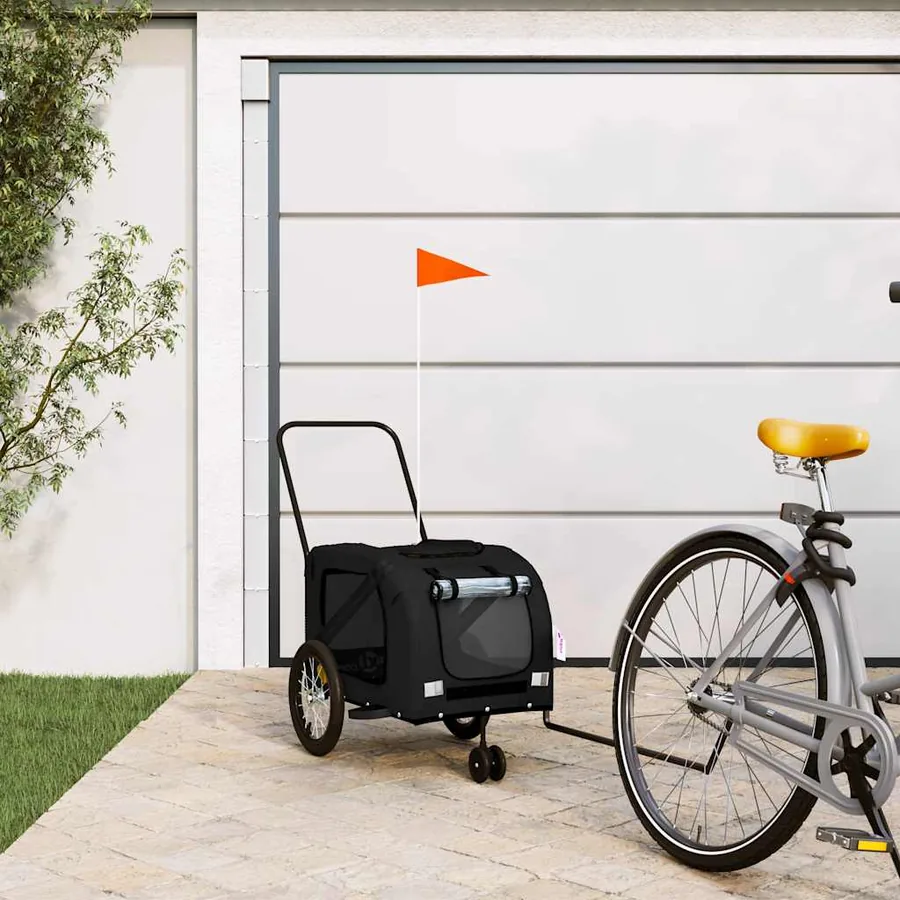 Remorque pour vélo pour animaux de compagnie en tissu Oxford noir et fer