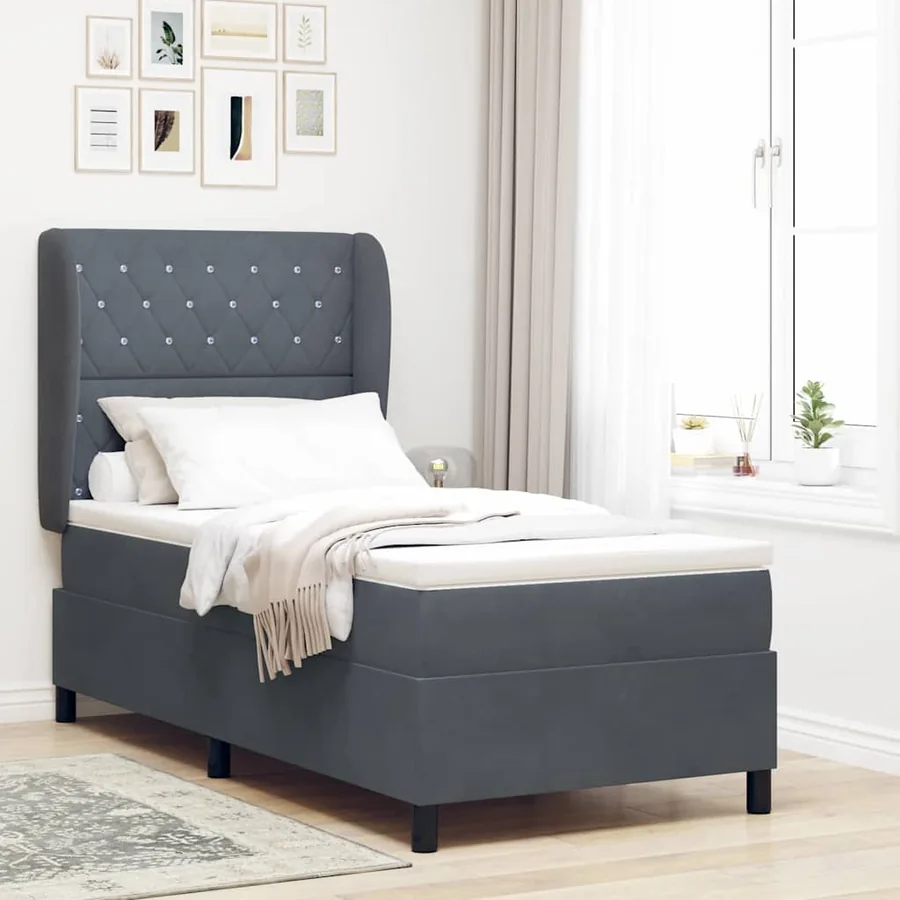 Lit à ressorts avec matelas Gris foncé 190 x 90 cm Velours