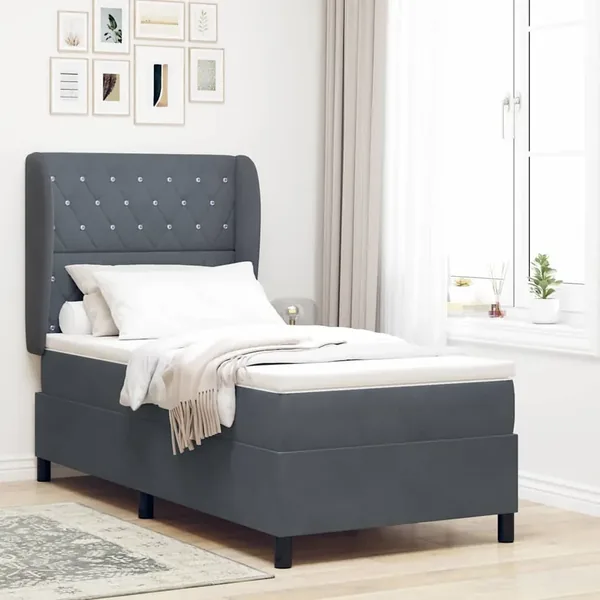 Lit à ressorts avec matelas Gris foncé 190 x 90 cm Velours