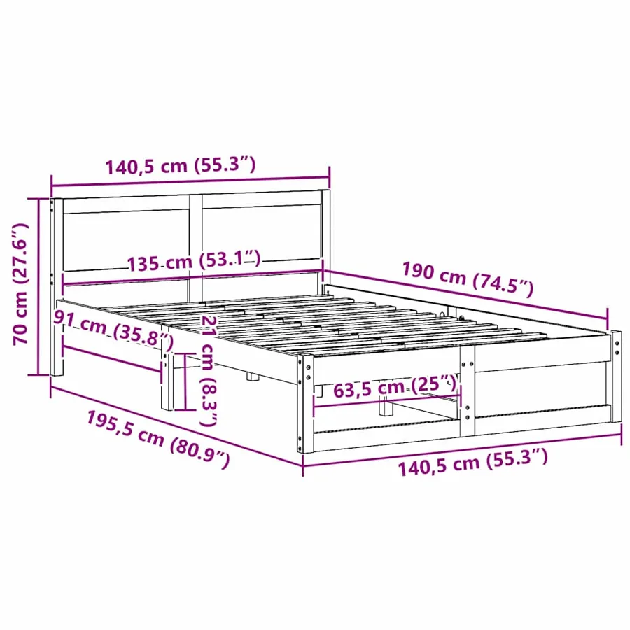 Cadre de lit avec tête de lit Blanc 135 x 190 cm Pin massif - 10