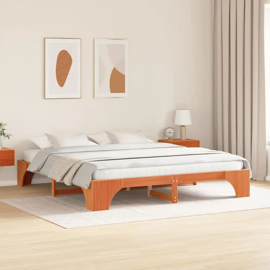Cadre de lit Brun cire 200 x 200 cm Pin massif - 3