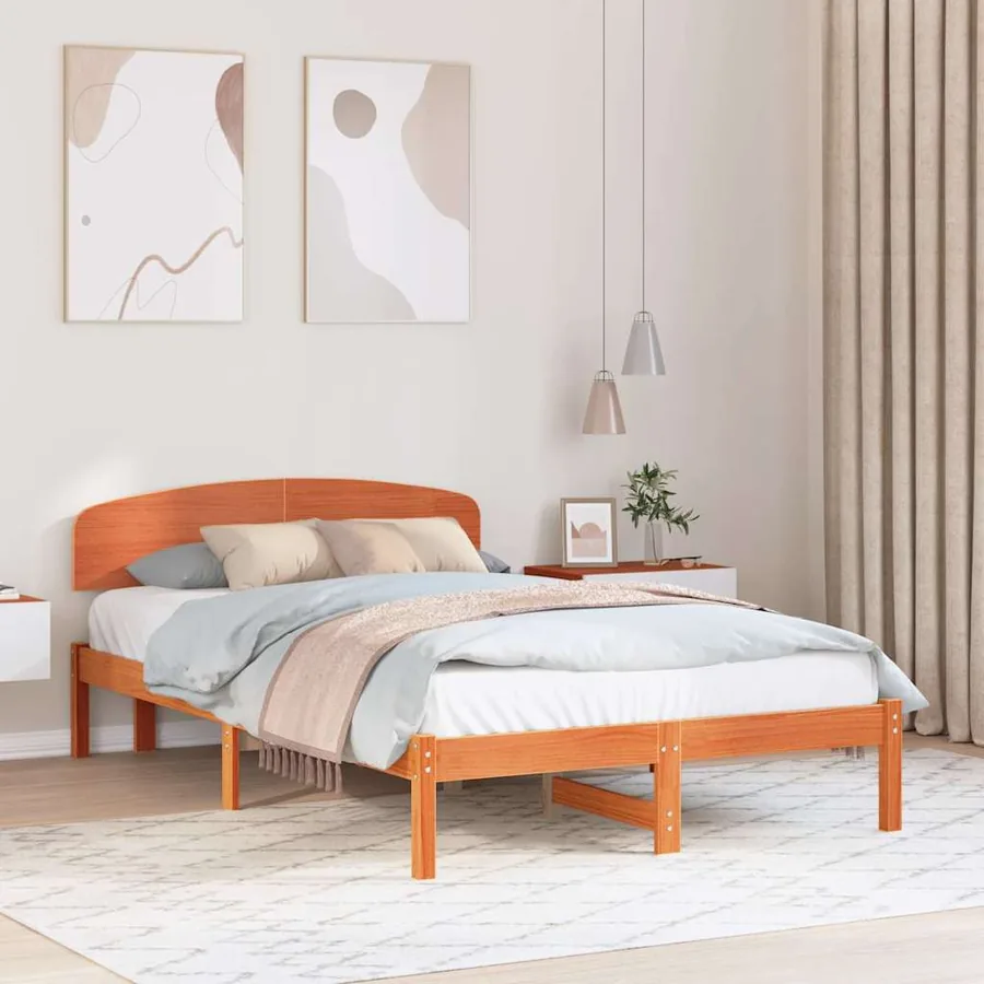 Cadre de lit avec tête de lit Brun cire 135 x 190 cm Pin massif