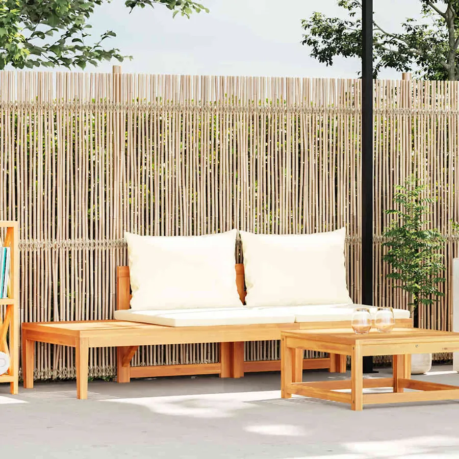 Banc de jardin avec table et coussins Blanc crème Teck solide