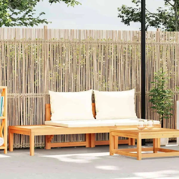Banc de jardin avec table et coussins Blanc crème Teck solide