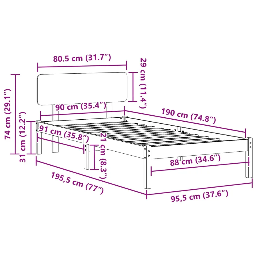 Cadre de lit avec tête de lit Blanc 90 x 190 cm Pin massif - 9