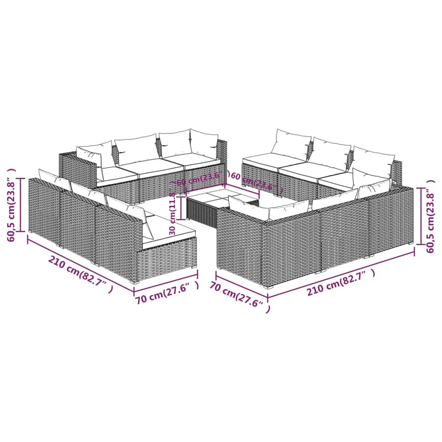 Salon de jardin 13 pcs avec coussins résine tressée gris - 9