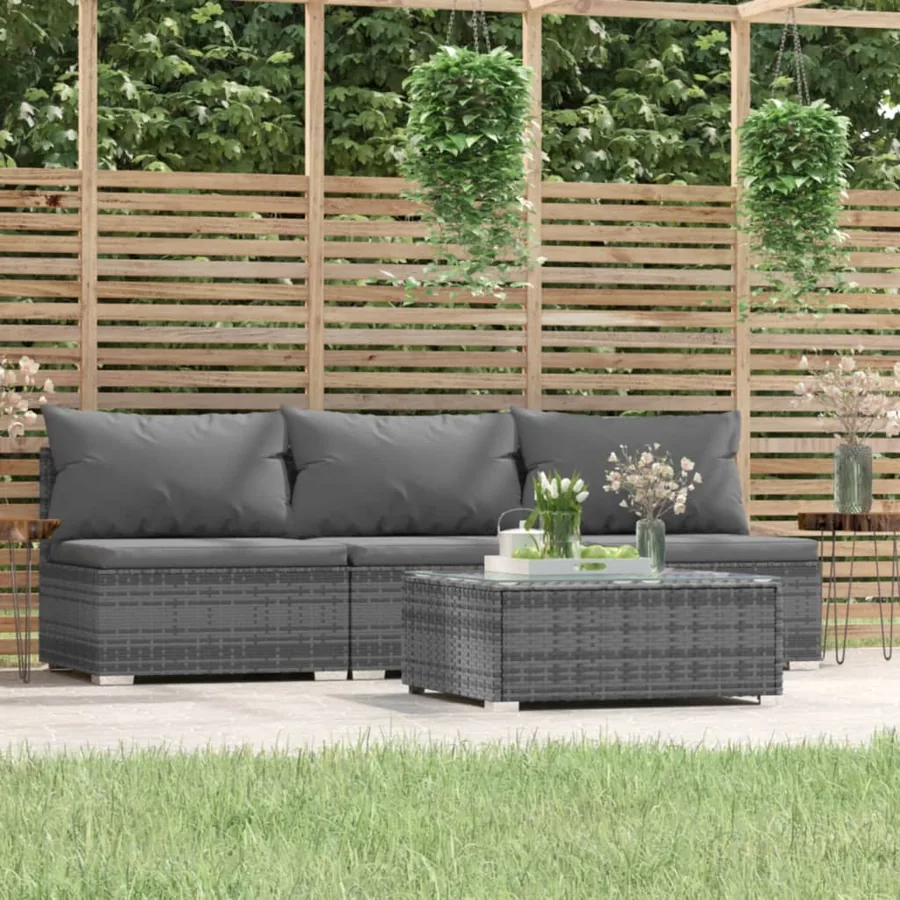 Salon de jardin 4 pcs avec coussins Gris Résine tressée