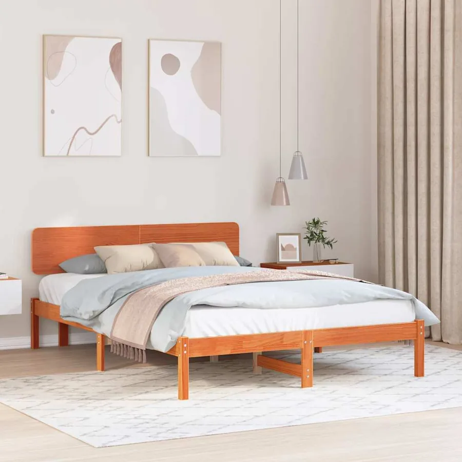 Cadre de lit avec tête de lit Brun cire 150 x 200 cm Pin massif