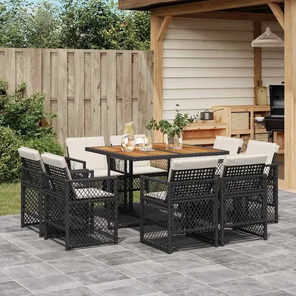 Ensemble à manger de jardin 9pcs coussins noir résine tressée