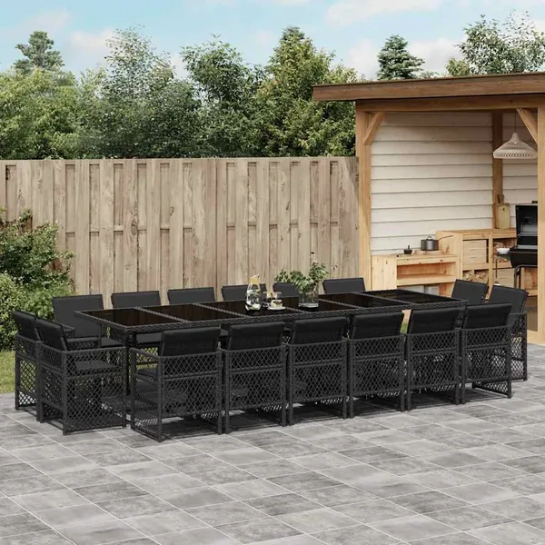 Ensemble à manger de jardin 17 pcs coussins noir résine tressée