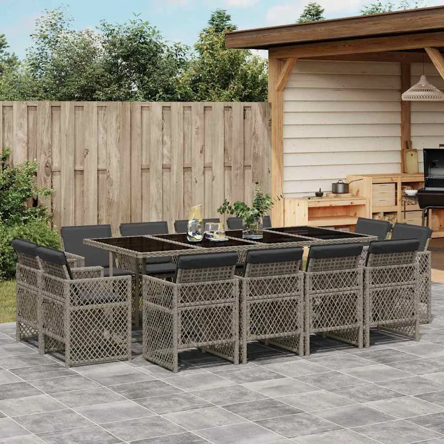 Ensemble à manger de jardin coussins 13 pcs gris résine tressée