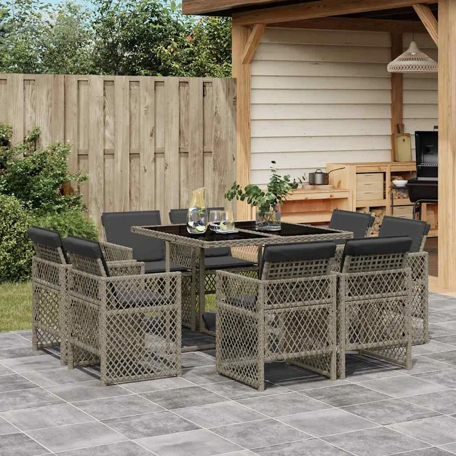 Ensemble à manger de jardin 9 pcs coussins gris résine tressée