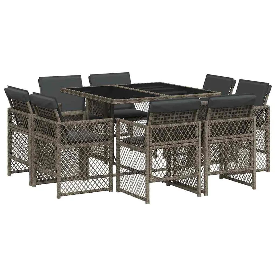 Ensemble à manger de jardin 9 pcs coussins gris résine tressée - 2
